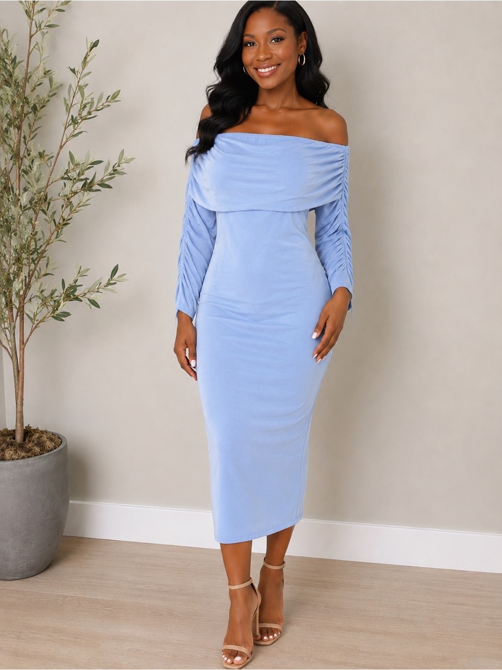 Club London Light Blue Ruched Off-Shoulder Midi Dress – Size US 10
